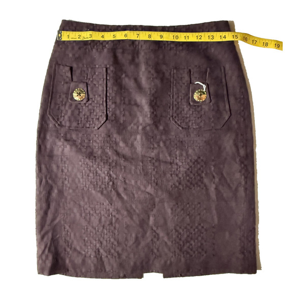 Milly Skirt Womens 6 Brown Textured Jacquard Pockets Gold Button Career Chic - Picture 2 of 8
